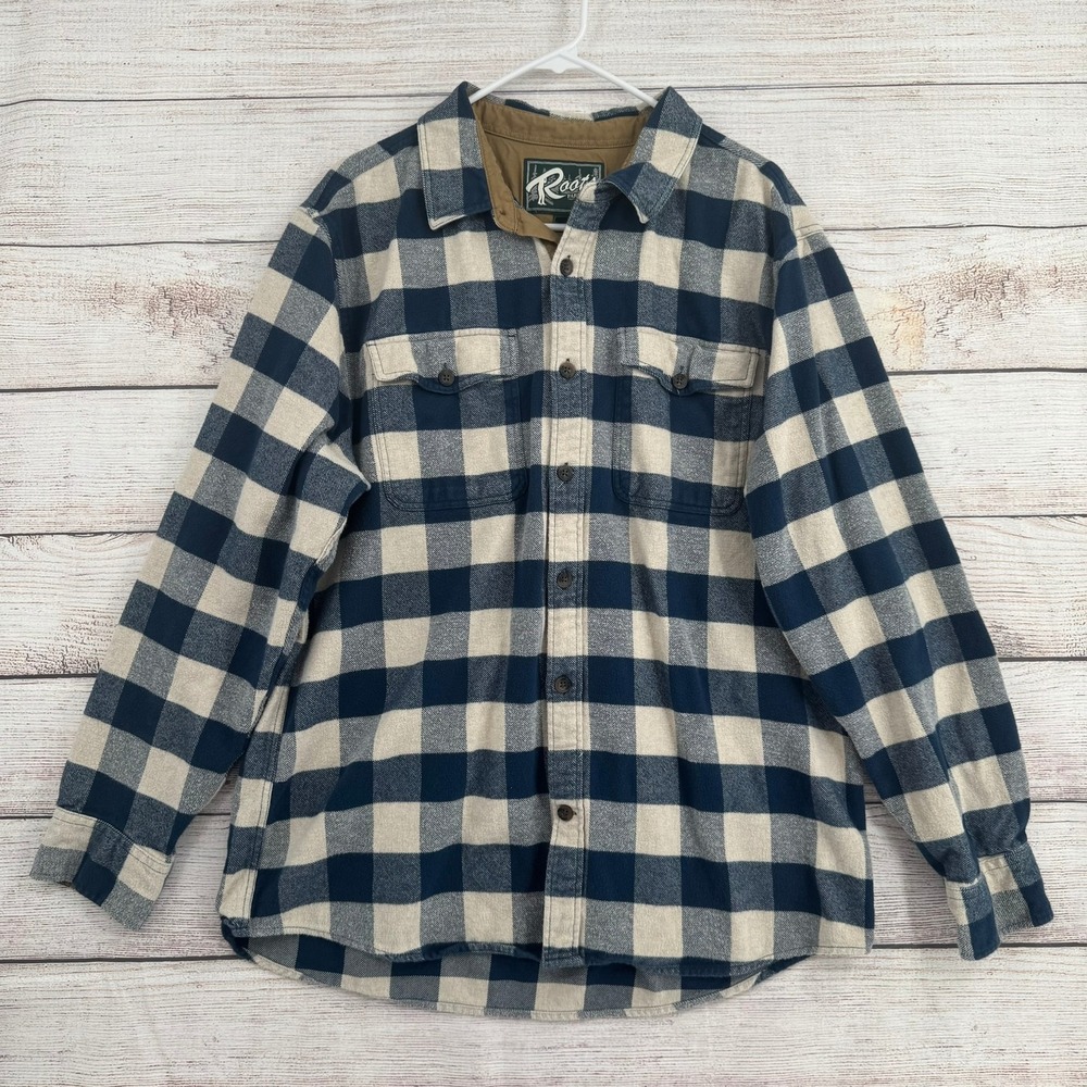 Roots Button Down Shirt Mens XL Blue Buffalo Plaid Elbow Patches 03607